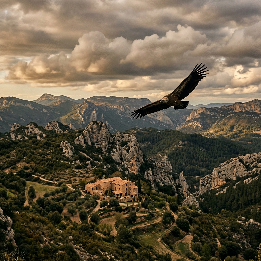Raptor watching farmhouse â€” Griffon Vulture, Golden Eagle, Peregrine Falcon