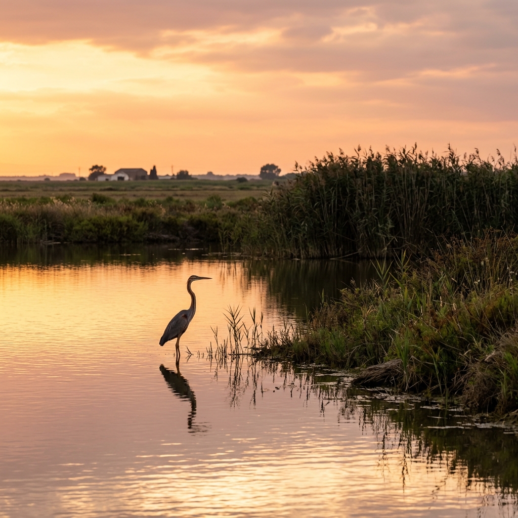 Wetland farmhouse â€” Greater Flamingo, Grey Heron, Glossy Ibis, Eurasian Spoonbill